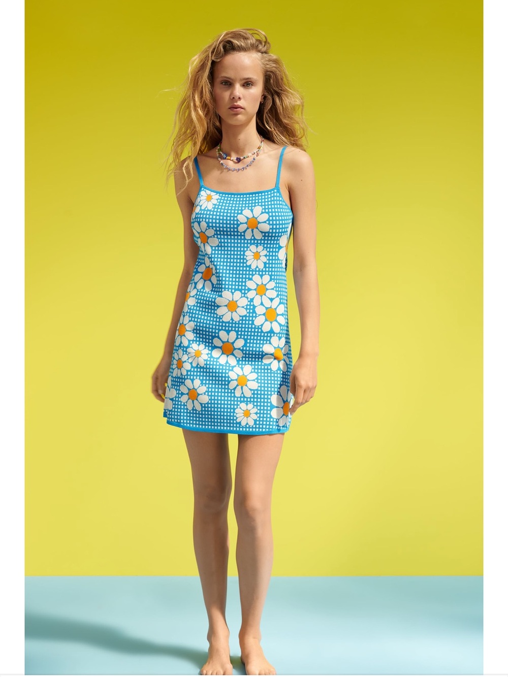 NWT Zara Blue Floral Daisy Knit Mini Dress